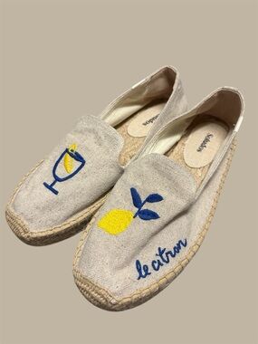 Soludos Beige Embroidered Espadrille Flats Canvas Slip On Women's Size 8